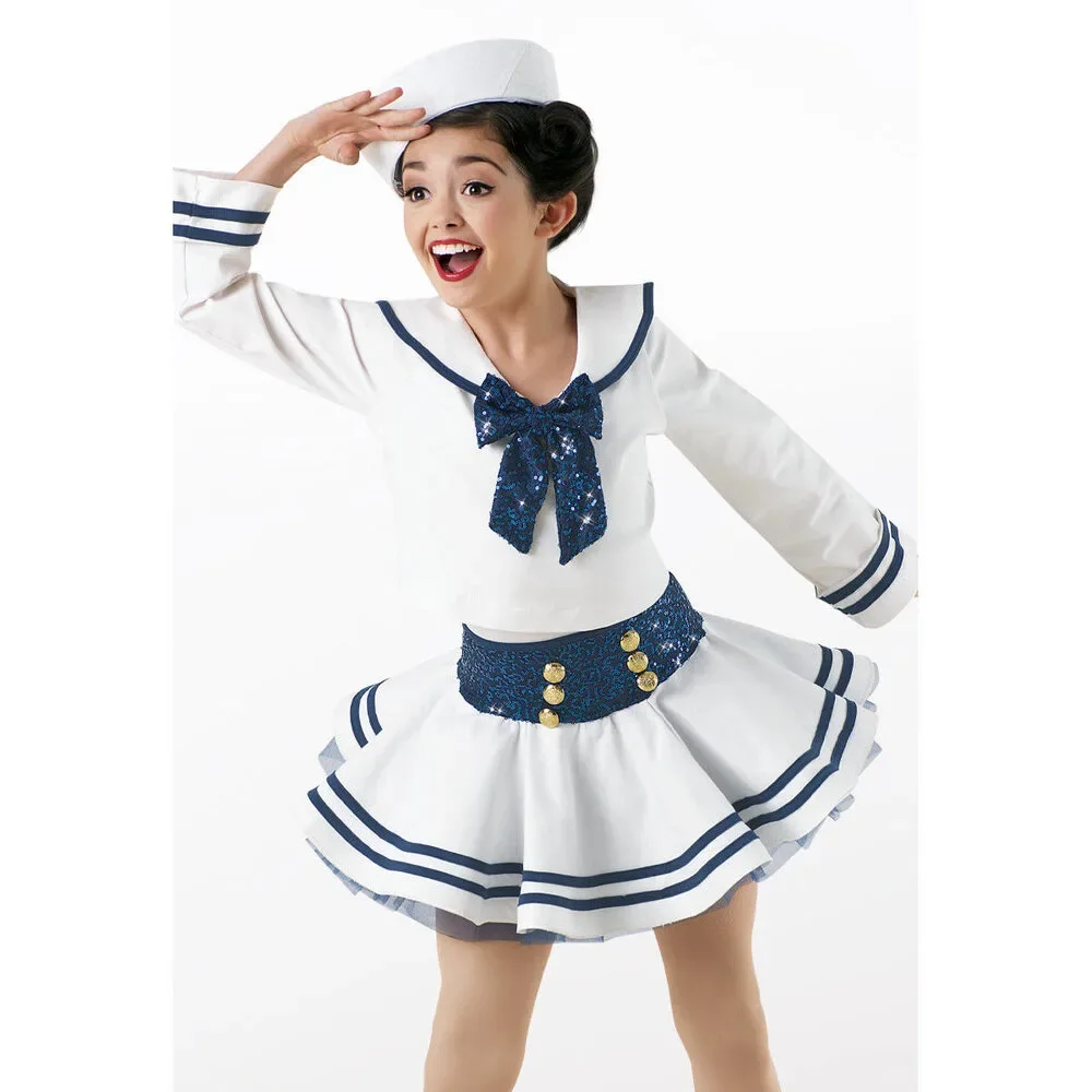 Pre-Owned Dance Costume Weissman 10408 Large Child Blue Dress Jazz Sequin Sailor